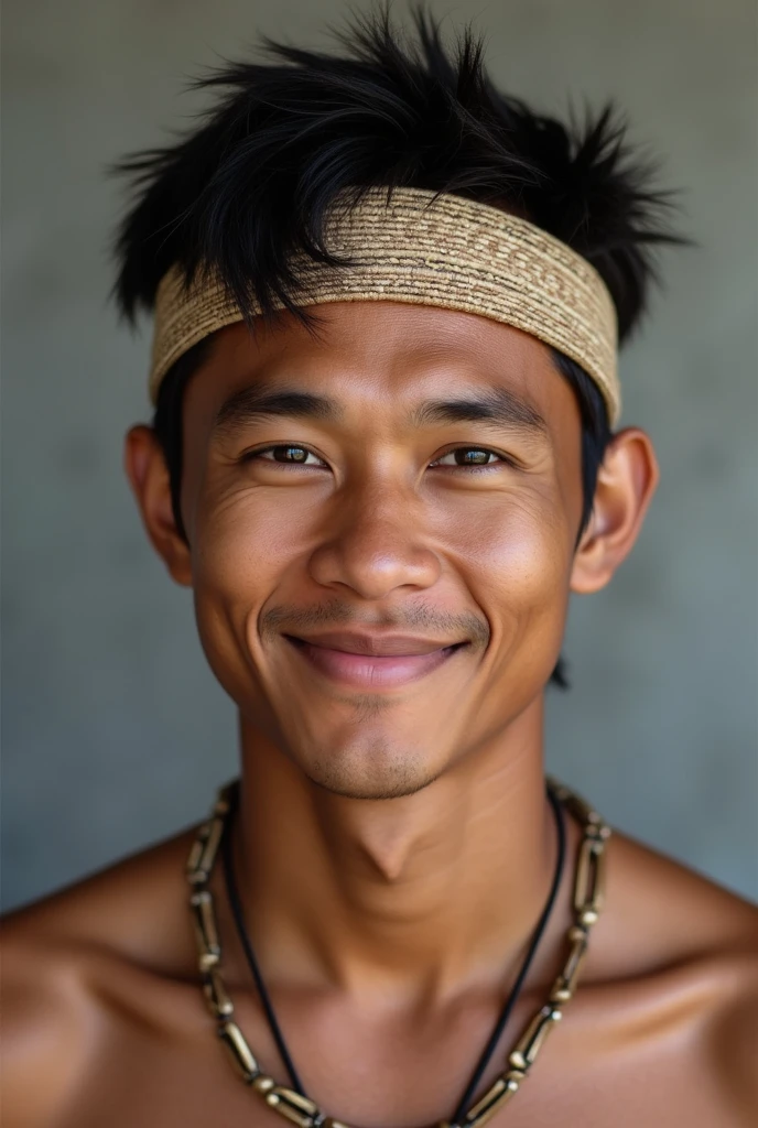 I am a man from Rote Island, East Nusa Tenggara, Indonesia, height 173, weight 66, slightly round face, short black hair, on the edge of the rice fields, smiling looking up.