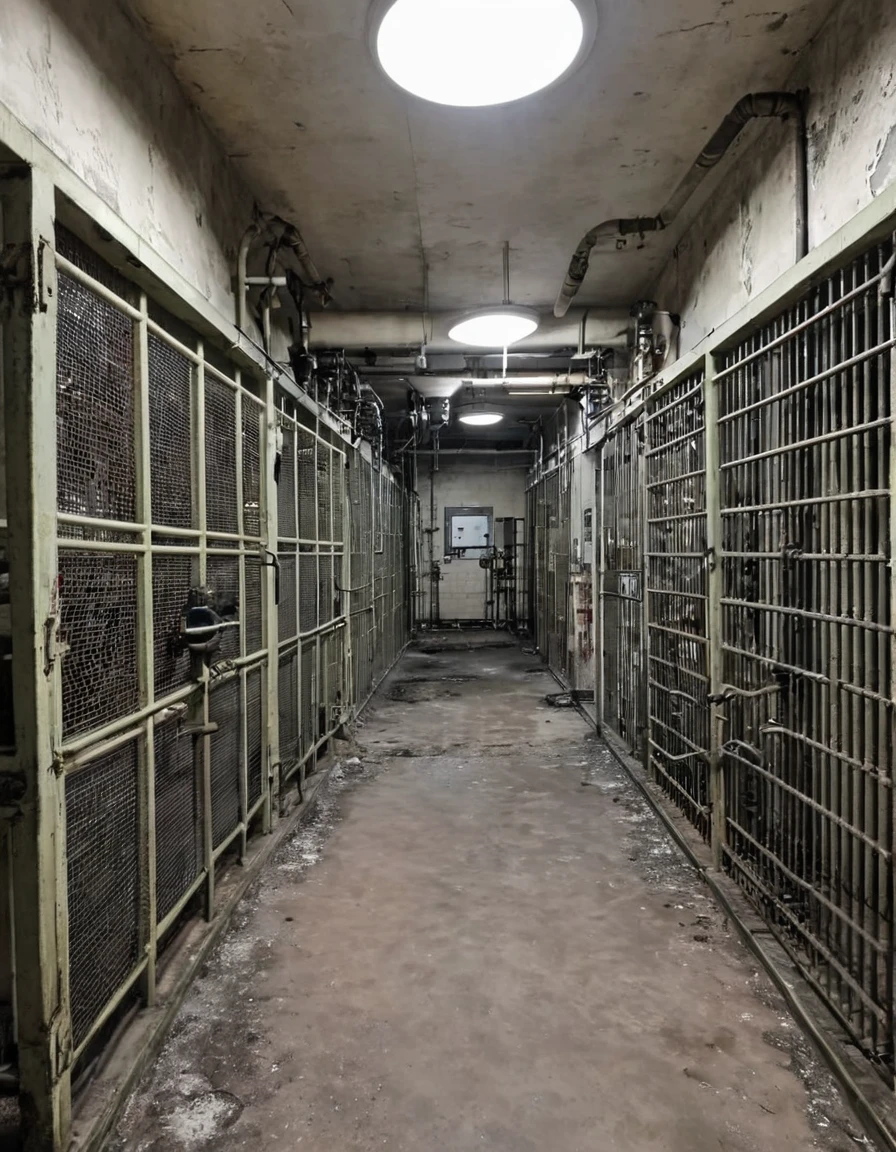 Unsanitary room with electronic equipment such as circuit breakers, valves, of pipes, boiler rooms. There are prison bars and bars, all in a heavy and distressing atmosphere. [realistic] [liminal space] [Angoisse] [Scary]