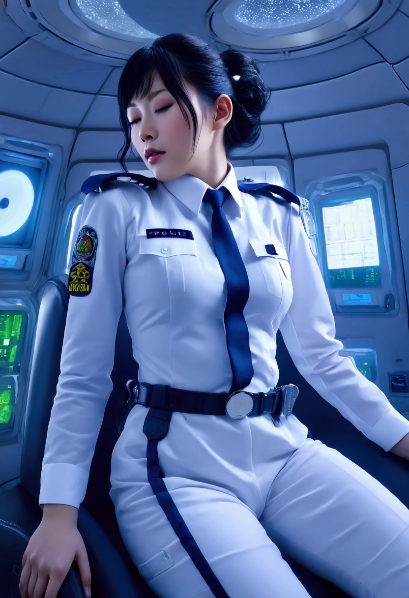 (((( Japanese Woman wearing 2005 japan Police Officer uniform )))), with flowing hair on a realistic futuristic space station)), ((sleeping in coffin shaped futuristic cryopod)), ((cushioned bed with display and glowing control surfaces)), ((scifi circlet on head)), weightless & floating, (photorealistic), , , (with medical sensor harness and connected full body
