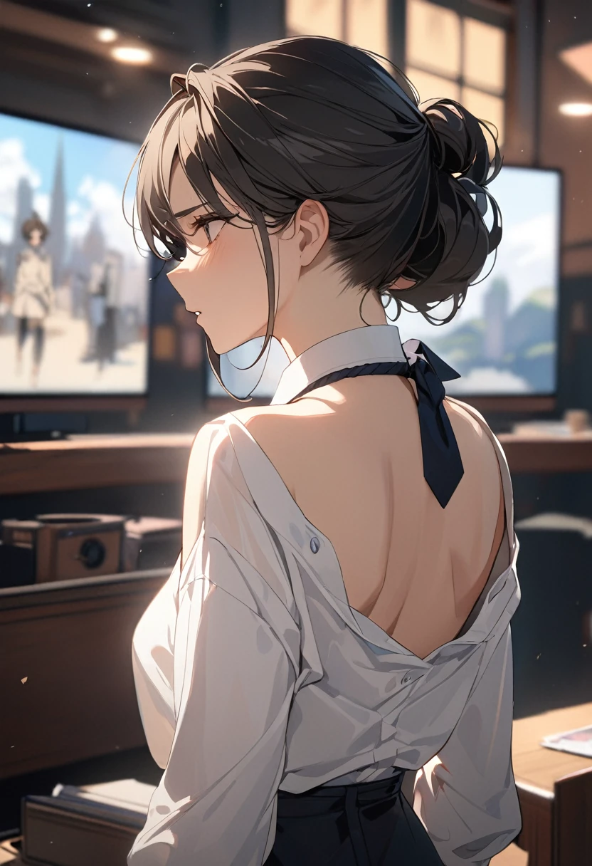 masterspiece、Ultra high image quality、High Accuracy、Young cute beautiful elf、Art Works、smalll breasts、Tied waist、small ass、ruffles、Oversized clothes、Office Worker、Brown pleated long skirt、