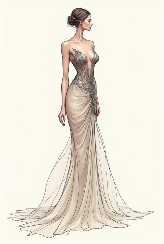 Create an outfit for a fashion show with the following theme and inspiration pencil drawing style as a sketch of a drawing of a fashion outfit a little drawing style a little simple in drawing style and more elaborate in the style of the outfit now to finish do it in the style of a sketch of a drawing of a dress/fashion clothing made by a human being make the style of the clothing a little more elaborate remember to put more fabric in the clothing:

theme: Roots and Wings Inspiration: This concept explores the duality between the roots that keep us anchored and the wings that allow us to fly.. The piece symbolizes the importance of recognizing our origins as we seek freedom and personal growth..