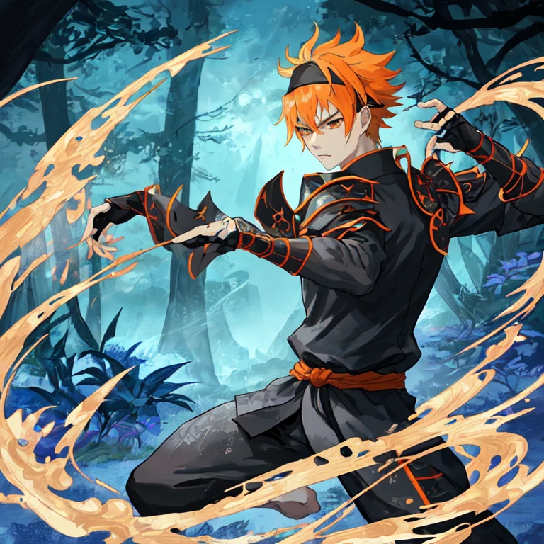 Create a young ninja in a hidden village. He wears a traditional headband with a unique emblem, symbolizing his clan. His spiky blond hair flutters in the wind, and his orange and black outfit is detailed with protective armor on his forearms and shins. The background shows a lush forest with large cliffs in the distance, suggesting a ninja training ground. He stands in a dynamic pose, preparing to use a powerful energy-based technique, which swirls around his hands with bright blue energy. The scene has a mystical atmosphere with a vibrant sky and a sense of motion.