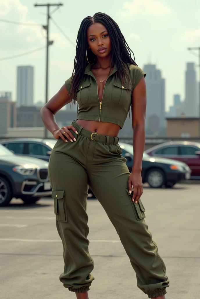 One , latina face, dark skin, long natural curly brown hair, soft with beautiful erect nipples, glamour, get up, draw up, Lips are soft, simple background, smooth silhouettes, get up, provocative, surprised facial expression, Shy, simple lighting and texture, White background, Large clothes, military style trousers with patch pockets, massive high infantry boots, khaki clear racer tank