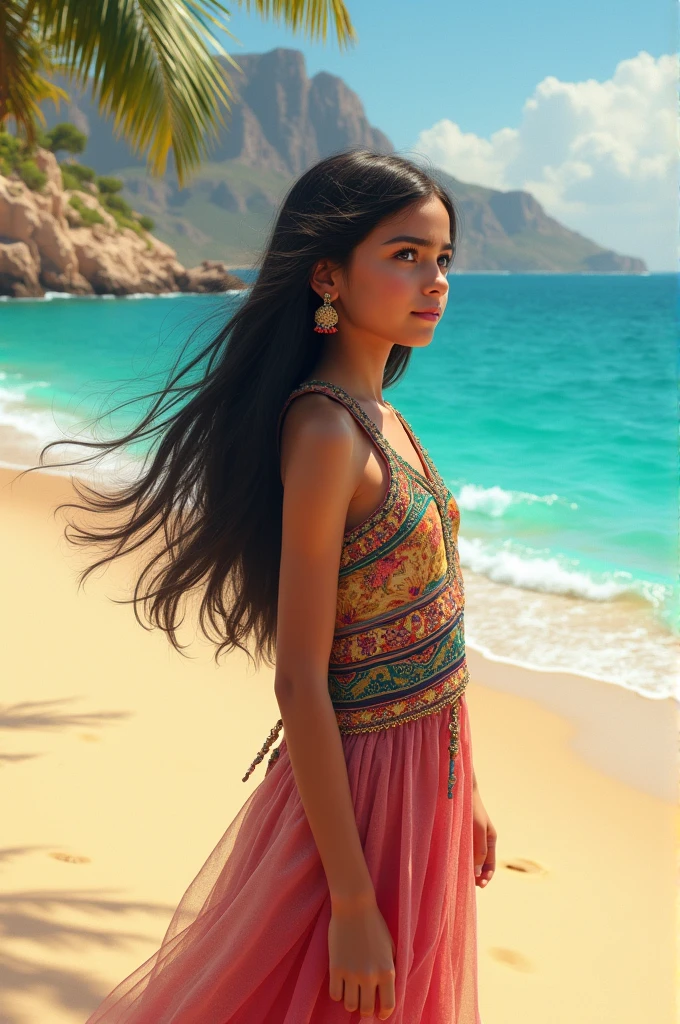 back view full length portrait of ((barefoot)) woman with messy long hair, ((flower in hair)), tan complexion, wearing gossamer floral mango-colored dress; on tropical beach turning to look back; head to toe; confident smile, anklet, bracelet