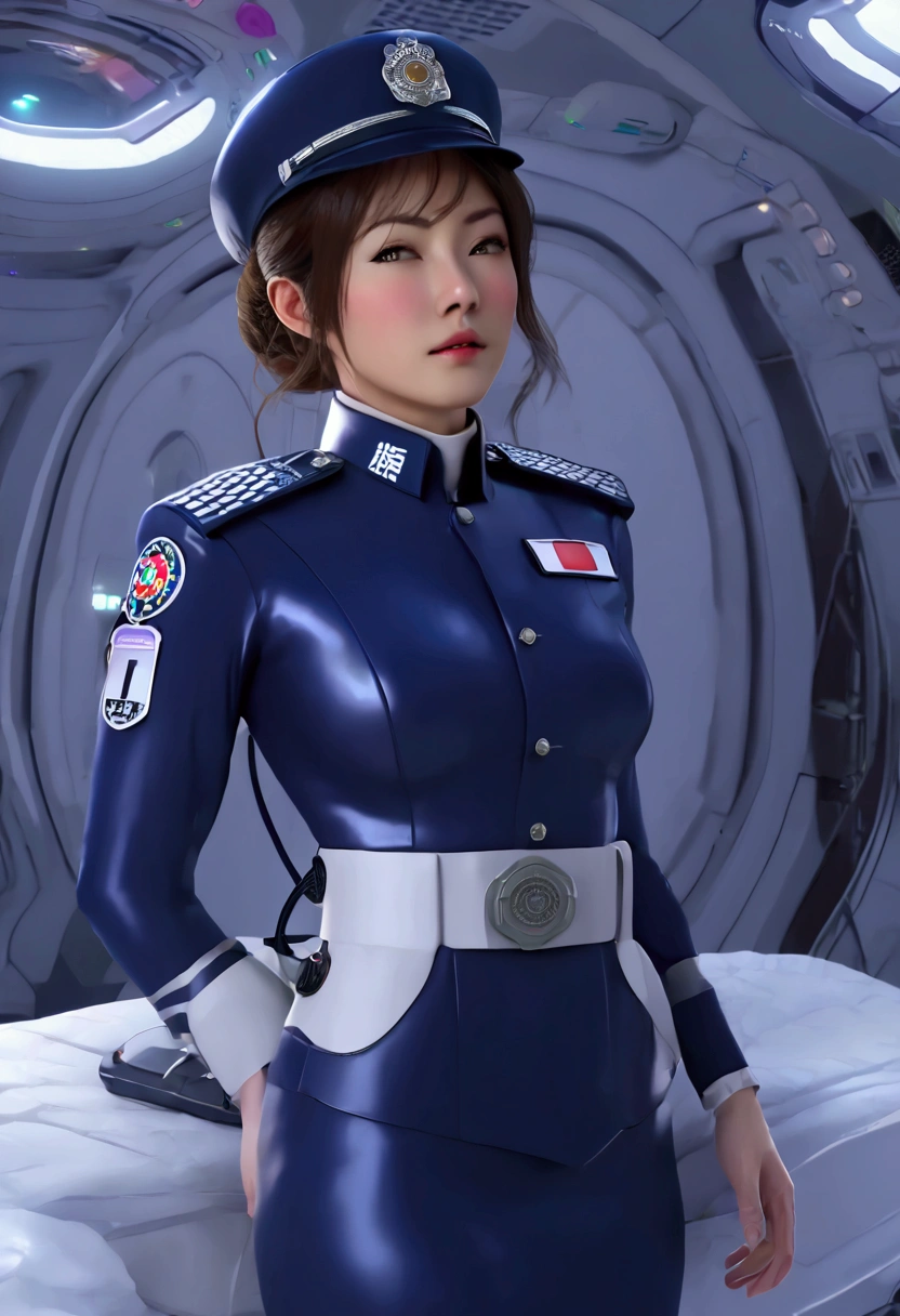 (((( Japanese Woman wearing 2005 japan Police Officer uniform )))), with flowing hair on a realistic futuristic space station)), ((sleeping in coffin shaped futuristic cryopod)), ((cushioned bed with display and glowing control surfaces)), ((scifi circlet on head)), weightless & floating, (photorealistic), , , (with medical sensor harness and connected full body
