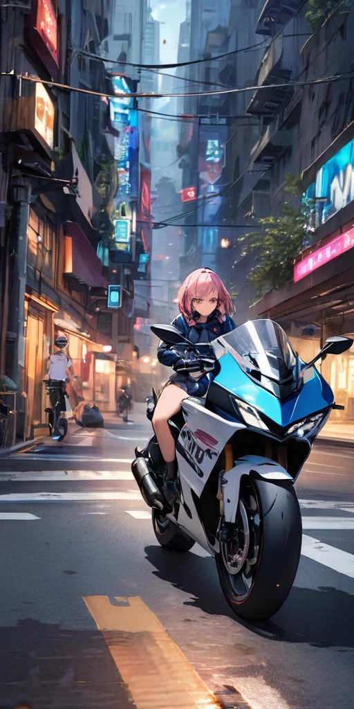 High quality, high definition images, full HD, 8k、(A woman in a black riding suit ), many mechanisms are visible,Many blue lights on the exterior,Riding a white motorcycle,modern motorbike ,blue light on the exterior,Driving on the roads of a futuristic city、Concentrated line、The bike is running at high speed,((Police Officer uniform:1.3))