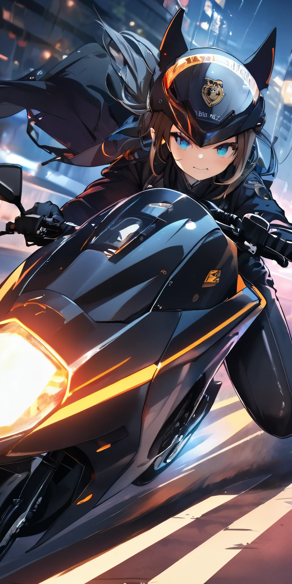 High quality, high definition images, full HD, 8k、(A woman in a black riding suit ), many mechanisms are visible,Many blue lights on the exterior,Riding a modern bike,modern motorbike ,blue light on the exterior,Driving on the roads of a futuristic city、Concentrated line、The bike is running at high speed,((Police Officer uniform:1.3))