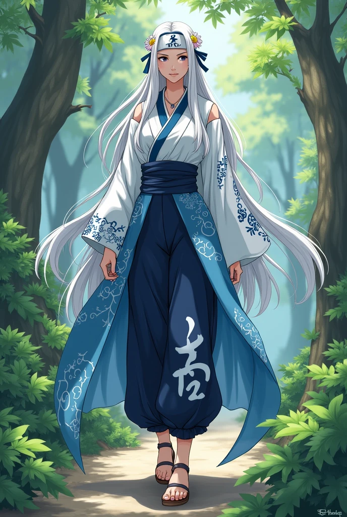 Sure! Imagine Mirajane Strauss in a Yamanaka clan outfit with the following features:
1. **Color Scheme**: A blend of the traditional Yamanaka colors—light blue and white—with Mirajane’s signature dark blue accents.
2. **Top**: A fitted, sleeveless kimono-style top with a high collar, adorned with floral patterns reminiscent of her original design.
3. **Bottoms**: Loose, comfortable pants that taper at the ankles, allowing for movement, with the Yamanaka symbol embroidered near the hem.
4. **Accessories**: A headband with the Hidden Leaf Village symbol, and a few hair ornaments that match her usual style, like floral clips.
5. **Footwear**: Traditional sandals with a slight heel, providing both elegance and practicality for combat.
This combination would maintain her charm while reflecting the Yamanaka clan's aesthetics.