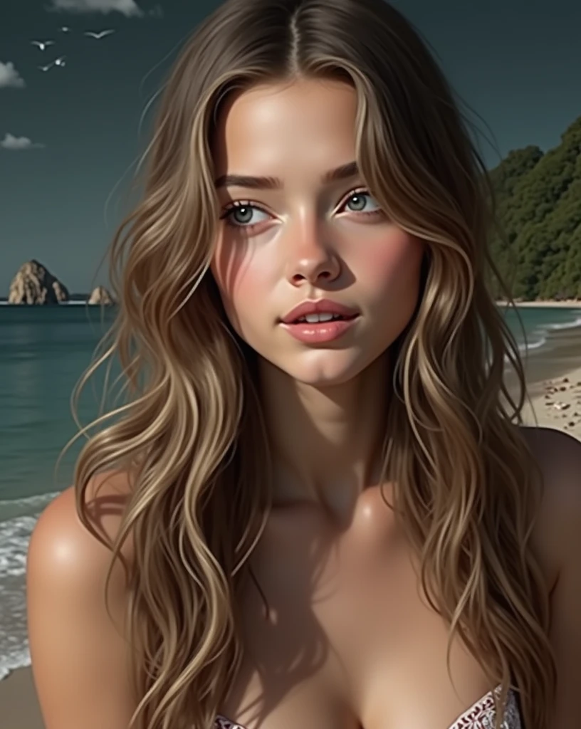 brown hair with blond highlights, close-up, thick eyebrows, bold eyelashes, girl on a blanket at the beach on a sunny day. show, nude,