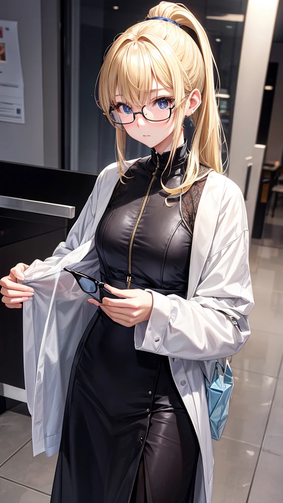 Highest quality,Highest Resolution,Glasses,Doctor,Female doctor,Fishnet tights,Drooling,saliva,White,