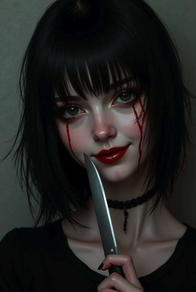 woman&#39;s face with blank stare, thin lips smile sarcastically, hold the knife tightly, in a dimly lit room.