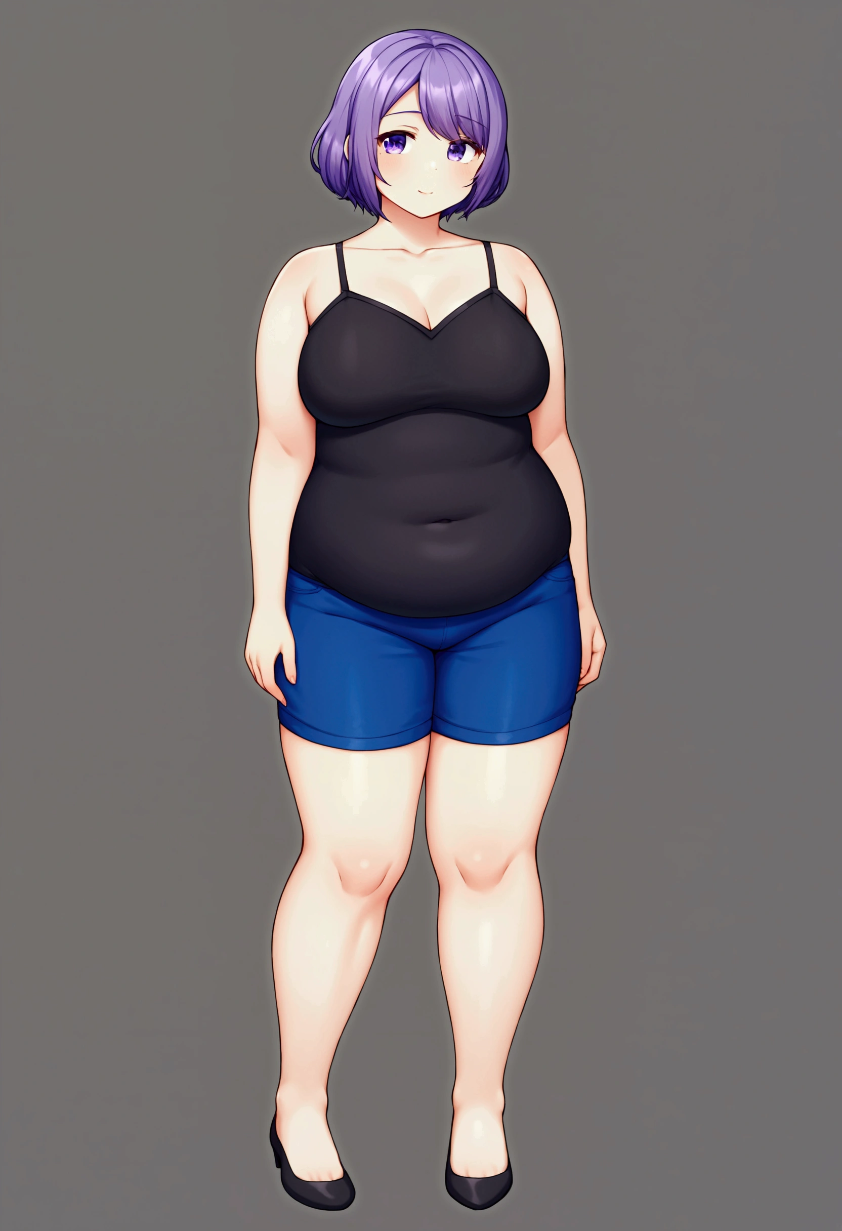 1girl, star eye, blush, perfect illumination, unreal engine, sidelighting, detailed face, bangs, bright skin, a view of an adult woman wearing a wearing denim shorts and a orange tank, big breast, solo, smile, orange hair, short hair, shirt, shorts, full body, crop top, looking at viewer, muscular arms, hands down, black over-the-knee socks, standing, legs and feet are also visible, brown eyes, tall, full body, field, low grass,
