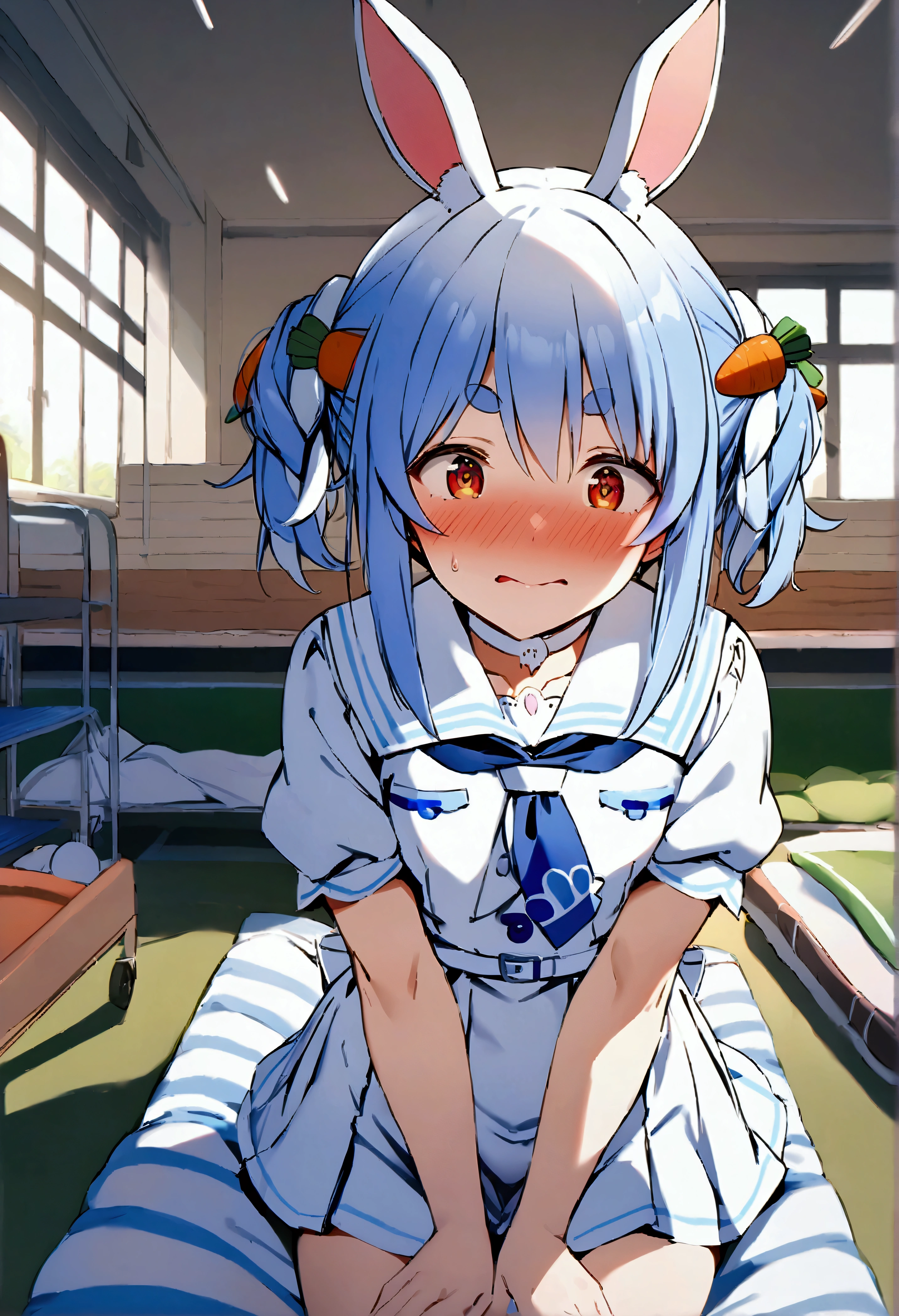 NSFW,masterpiece,Best Quality,High resolution,Very detailed,One girl,Usada Pekora\(Hololive\),Orange Eyes、Thick eyebrows、Bunny ears、Blue Hair、Short Hair、Two Side Up、Hair Clip、White choker、Sailor suit、Short dress、Short sleeve、Blue neckerchief、White belt,School,sports warehouse,mat,Small room,I'm nervous,Embarrassed,blush,Lustful face
