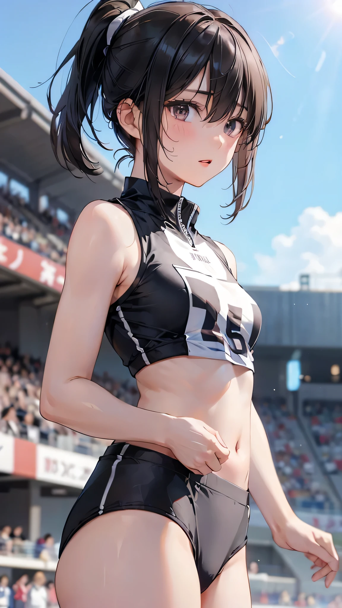 1girl, black hair in a bun, athletic body, medium-large breasts, wearing a extremely tight track uniform, compressions