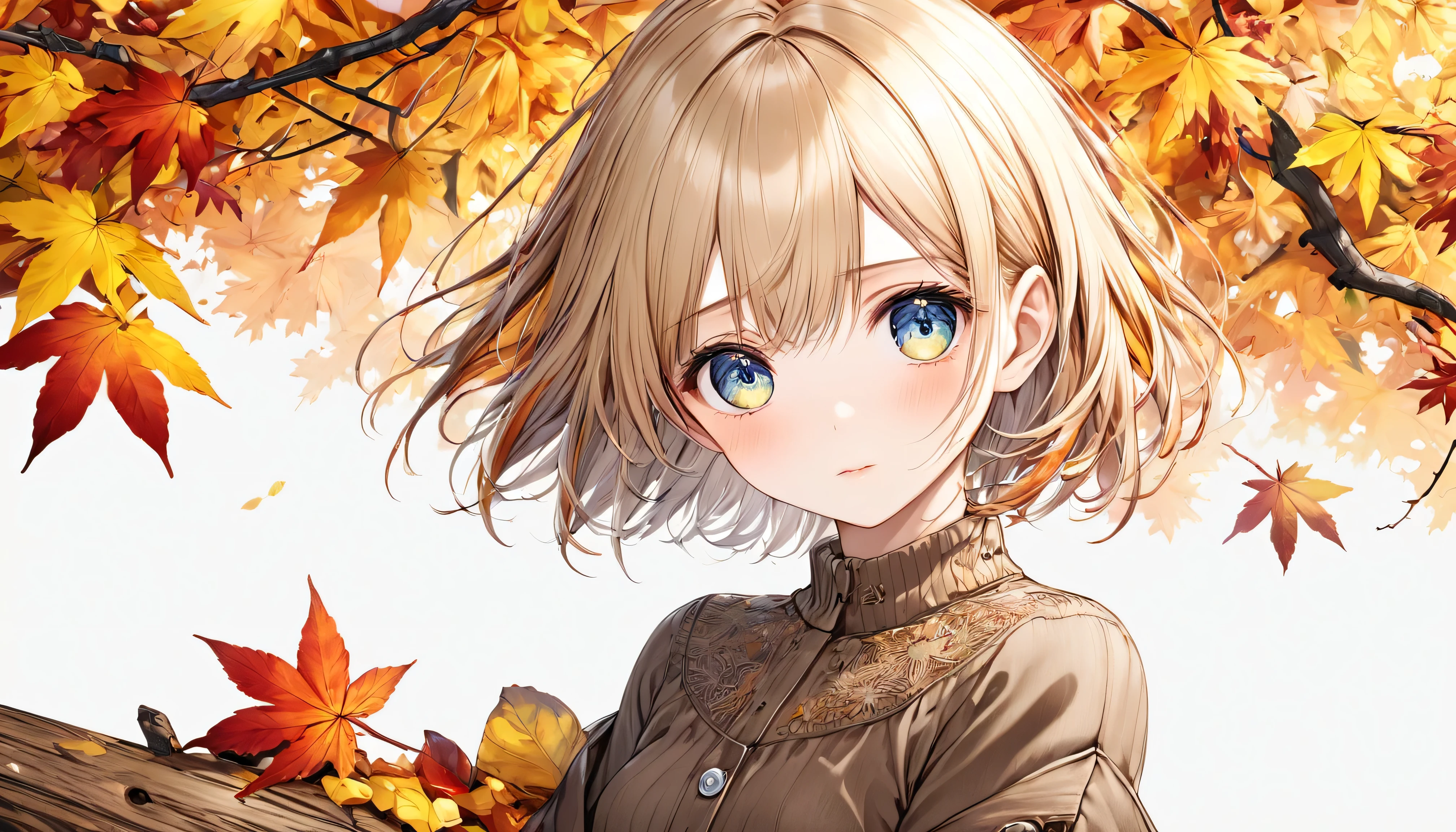 masutepiece, Best Quality, Illustration, Ultra-detailed, finely detail, hight resolution, 8K Wallpaper, Perfect dynamic composition, Beautiful detailed eyes, Women's Fashion Autumn,Medium Hair,Small breasts natural color lip,,Harajuku、20 years girl、Cute、Sexy shot looking at camera、autumnal、Wood Bright、Transparency、Sadness face、