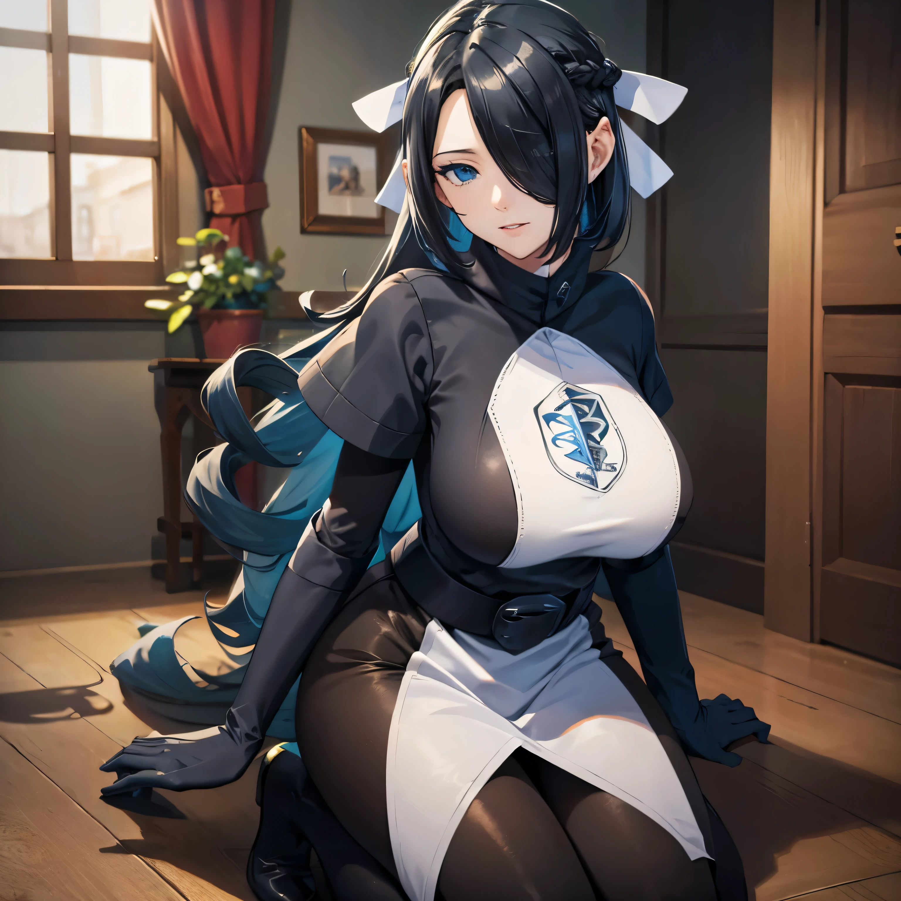 (insanely detailed, beautiful detailed face, masterpiece, best quality), ((masterpiece)),((best quality)),(highres), bokeh, looking at viewer, cowboy shot, pkmntpg, (((hood))), white dress, blue gloves, black pantyhose, huge breast, large breast, AzumaFubuki, long hair, very long hair, (((hair over one eye))), hair ribbon, black hair, green eyes, (((kneeling)))