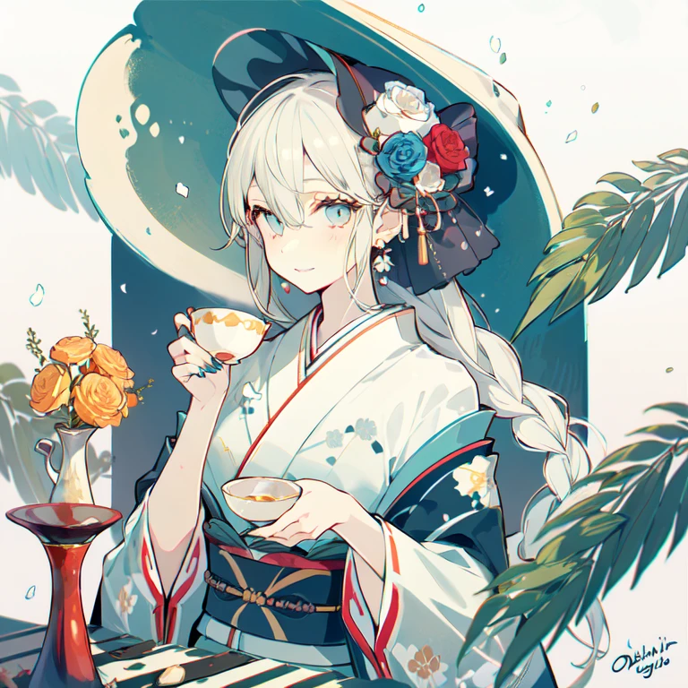 (masterpiece:1.2), best quality,PIXIV,Sweet girl portrait,
1girl, solo, japanese clothes, kimono, flower, cup, hair ornament, teacup, sash, holding, obi, hair flower, hat, earrings, blue kimono, teapot, jewelry, blue eyes, upper body, bangs, long hair, rose, nail polish, tea, blue flower, blue nails, holding cup, frills, white flower, bow, blue headwear, looking at viewer, wide sleeves, saucer, braid, hair bun, signature, floral print, long sleeves, sidelocks, hair between eyes
 