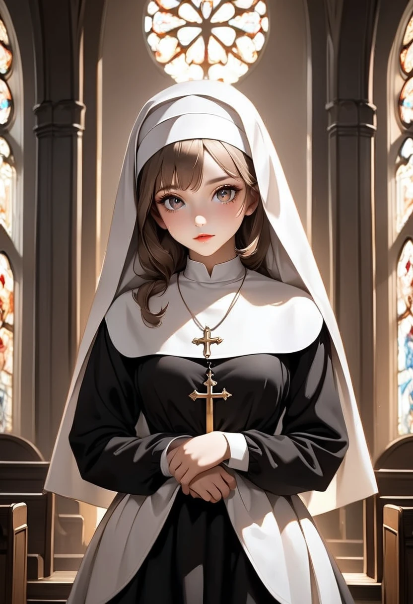 A girl dressed as a nun, beautiful detailed eyes, beautiful detailed lips, extremely detailed eyes and face, long eyelashes, traditional nun attire, calm expression, kneeling in a church, soft and warm lighting, realistic oil painting, high-resolution (4k, 8k, or masterpiece:1.2), religious art style, warm and muted color tones.