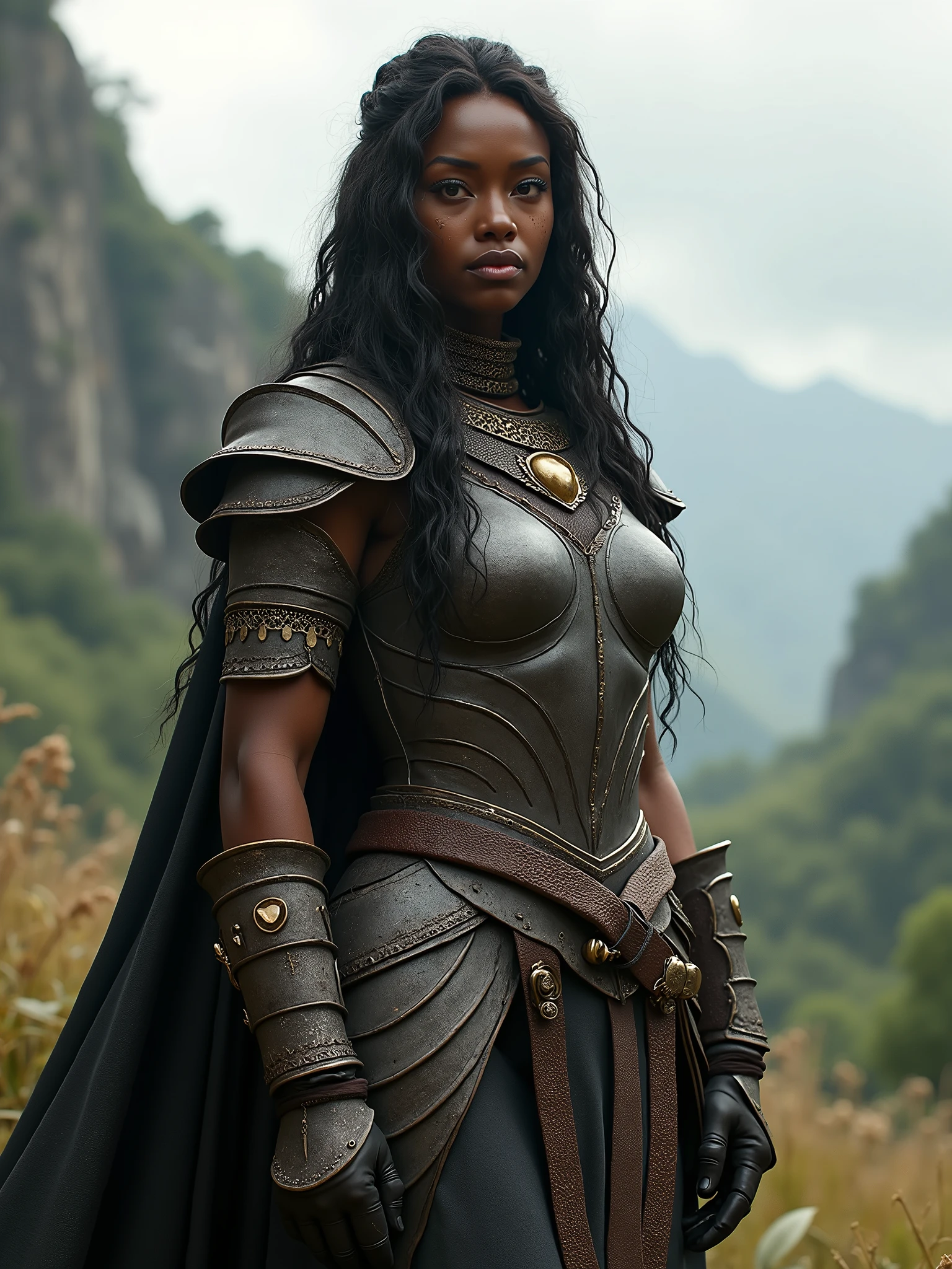 masterpiece, sadie sink, as black girl, topless, ebony, black skin, ultra detailed, ultra realistic, realistic skin, vampire hunter, golden armor, big battle axe, very detailed background