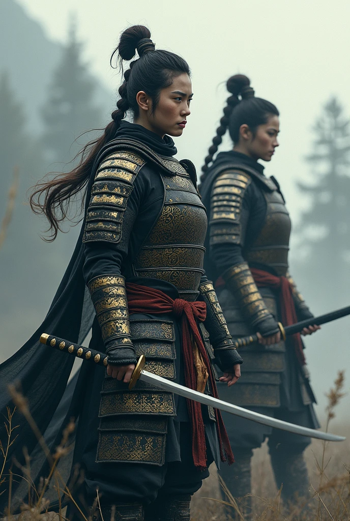 Two beautiful samurai warriors in traditional armor engaged in an intense sword fight. The warriors are poised mid-action, each holding katanas, their armor reflecting the soft light. The setting is an old Japanese town with wooden buildings on either side, and a horse stands in the background watching the duel. The scene is dramatic, with splashes of water and a misty, atmospheric lighting adding tension to the moment. two beautiful japanese woman, wearing samurai armor with open chest, black hair loose, big breast size 4, raining, inflamation