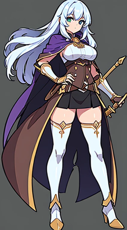 (((Best Quality))) , ((full body)), female, reference sheet, solo, (white background), holding staff or sword, gauntlets, thigh high, loin cloth only, cloak, belt, long hair,  blue, orange, green, violet, brown, white,