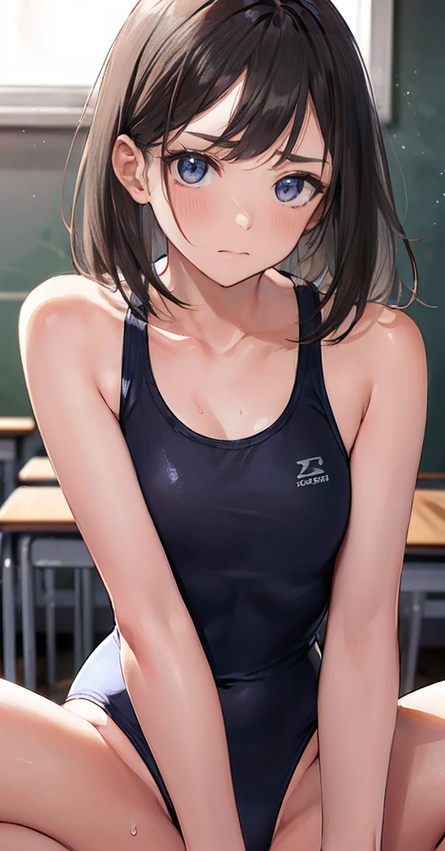 Best Quality,High resolution,unity 8k wallpaper,(shape:0.8),(Beautiful and exquisite:1.6),Detailed face,Perfect lighting,Detailed CG,(Perfect hands, Perfect Anatomy),Young woman,Slender,Medium Hair,Bob,Brown Hair,Black Eyes,White high leg,Shiny school swimsuit,classroom,sweat:1.3),(Eyeliner:1.3),(eyebrow:1.3),(Spread your legs:1.2),Raise both knees,Get wet,(swept bangs:1.5)