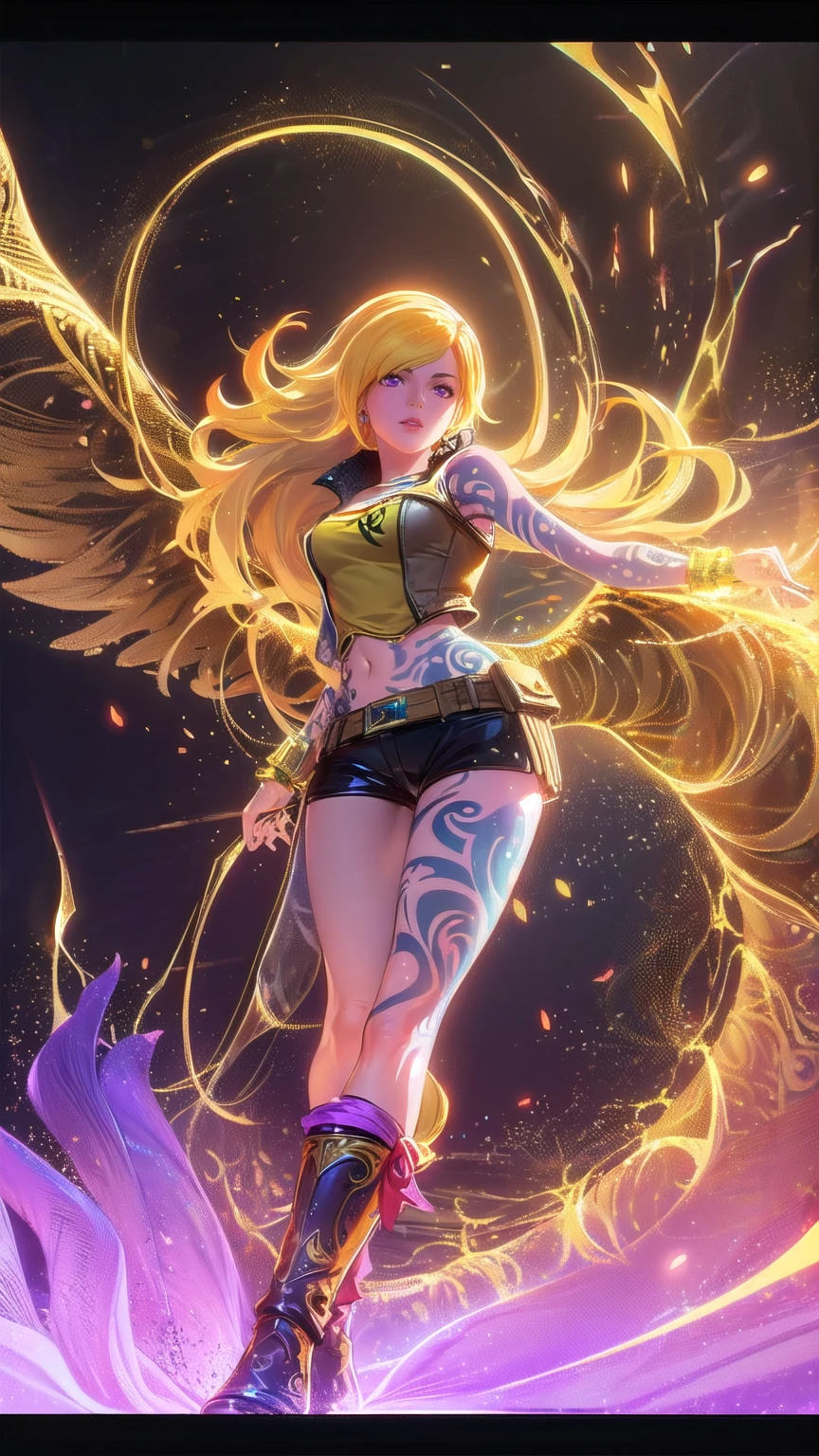 1girl, combining elements of Yang Xiao Long from "RWBY" and Lilith from "Borderlands", beautiful detailed eyes, beautiful detailed lips, extremely detailed face and portrait, long eyelashes, flowing golden hair, lilac/violet eyes, full medium bust, crop top, short shorts, wearing flat heeled boots, tattoos, (glowing blue markings), posing confidently, fantasy landscape, ancient ruins, sunlight, volumetric lighting, cinematic, award winning digital art, intricate details, highly detailed, hyper realistic, 8k, masterpiece, (wide angle), (full length portrait), lilithbl2, bhands, glow particle, wings, tattooed 