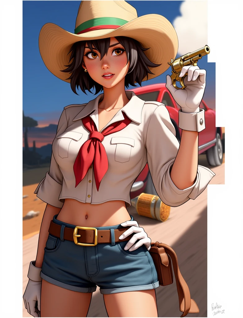 One girl, cowboy_hat, dark_skin, blue_eyes, western, NSFW, desert, holding a revolver, cowboy_outfit, open shirt, ripped clothes, sweating, dirty,