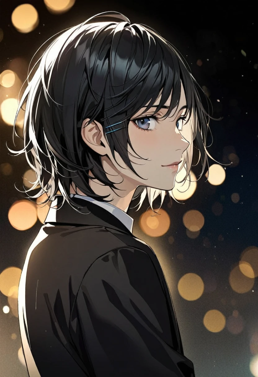 Masterpiece, High Details, 1boy, bishounen, Black Hair, Medium Hair, Lonely, Light Smile, from side, looking at viewer, Hair Clip, Bokeh, 