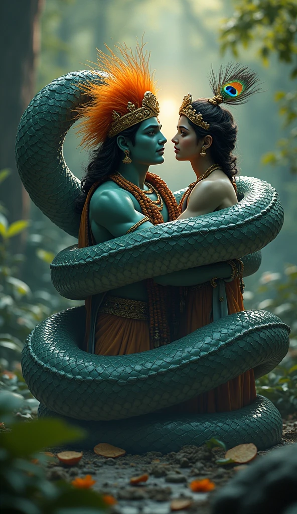 Lord Vishnu aur Laxmi jo panch fano bale sarp par virajman hai jaha Laxmi jee lord Vishnu ke pair daba rahi hai aur prithvi log ke aur dekh rahe hai jaha par ghanghor barish ho rahi hai jisse admi idhar udhar apni apni jhopdiyo me bhag rahe rahe hai