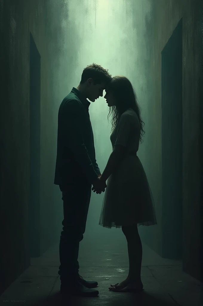 The scene is bloody black area with black clouds rain and thunderstorm a boy is seen sitting on the floor crying wearing a suit with brown wavy hair holding his lovers lifeless dead in his arms she's wearing a black layer gown and brown medium silky hair with ribbon over her eyes