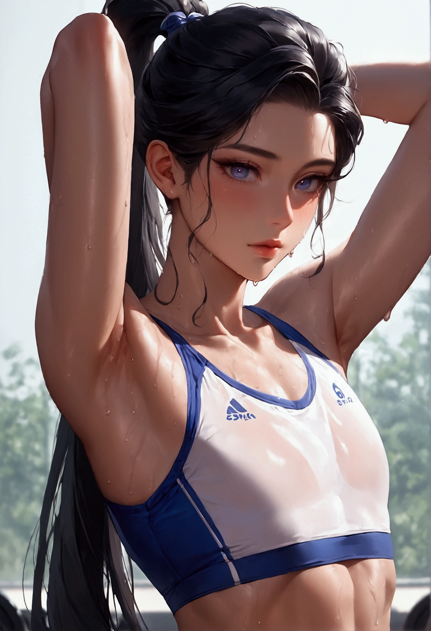 Sweat drips down one's forehead, Overall orange background in the evening Sunset sunshine,Full-body depiction on screen, A large amount of rolled up tissue paper, There are lots of crumpled, dirty tissues on the ground, Excessive sweat on the face,cold sweat,Sweat dripping from the forehead,Tears dripping from the edges of the mouth, Sitting on a dirty bed, Dirty futon with brown stains Dirty old gym mat ,Gymnasium Warehouse, Lots of tissue paper , Garbage is scattered everywhere, Very dirty mat, A room full of messy garbage, Scared I am going to cry Embarrassing Big breasts that will tear your clothes Very large breasts Extremely distended breasts Huge breast swelling Dimly lit room Hardwood Floors Scattered tissue paper White gym wear, Blue Sleeves Blue Bloomers high school student Illustration Style Anime Style Frowning Narrow-mouthed Small lips Frightened face Baby Face beautiful girl Very cute clothes Cheeks pink Light purple hair Blonde long hair super curly hair Super long sideburns Rubber clothing hair band Wet and see-through pearl white silk tights White super long boots Big eyes Droopy eyes Stern expression Shocking Pink Rouge Sweating profusely Crushed tissue paper The whole body is wet from rain A large amount of yellow yogurt stuck to the body Mucus clings to the whole body Mucus stuck in hair