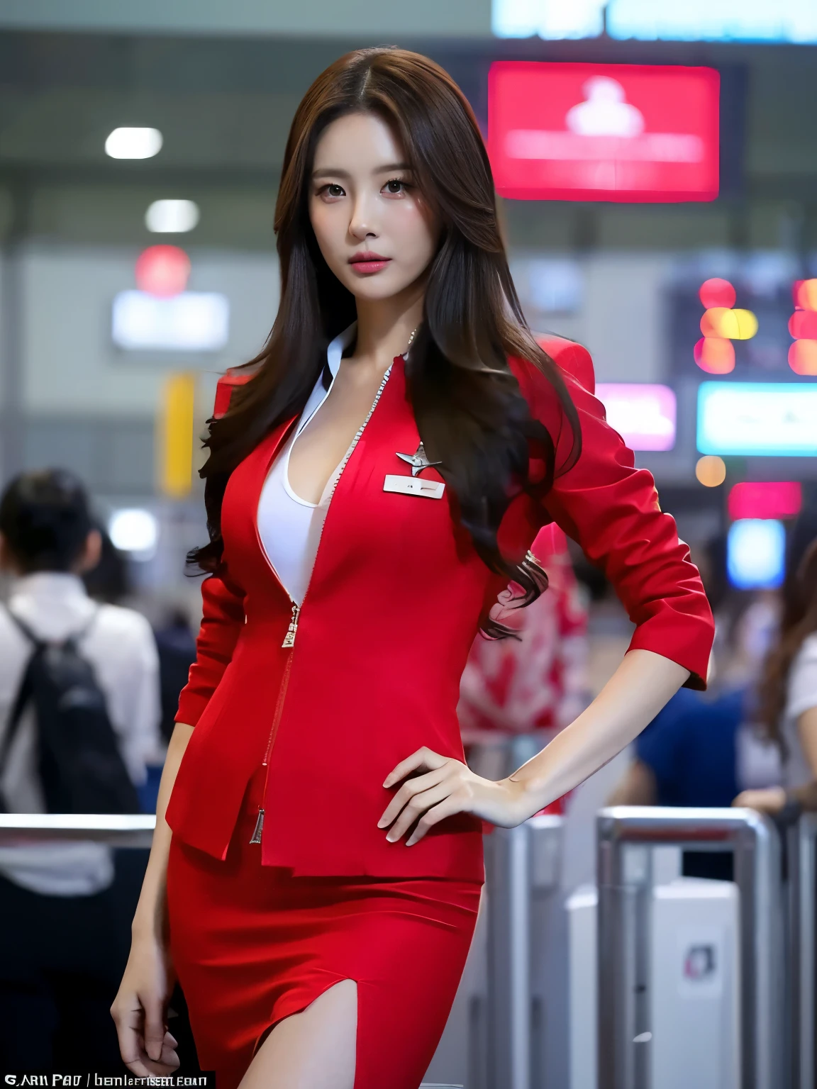 A stunning AirAsia stewardess pose at Tokyo's Narita Airport, captured in breathtaking 32k HDR detail. A beautiful woman with long brown hair cascading down her waist, donning a realistic red uniform with an unzipped jacket and an unbuttoned white shirt. Her slim physique is accentuated by the fitted mini skirt, showcasing her huge breasts and tantalizing cleavage. Fine eyes sparkle under the airport's fluorescent lighting, as she wears a fascinating look, adorned with jewelry. The camera captures her in a striking cowboy-shot posture, exuding confidence and poise.