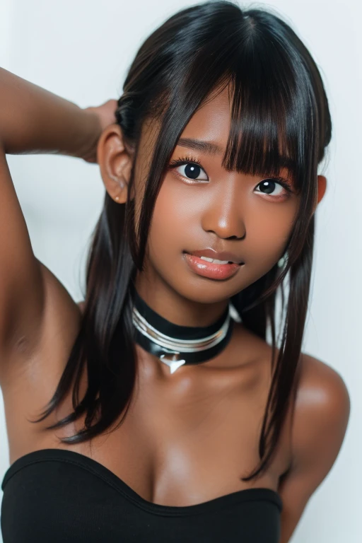 best quality, masterpiece, highres, (detailed:1.4), 1 girl, black hair, (((( dark skin:1.5 )))), extremally thin eyebrows , thick bluish eyeshadow, thick black eyeliner, Highlighted eyes with eyeliner, false eyelashes, (( arms up ))