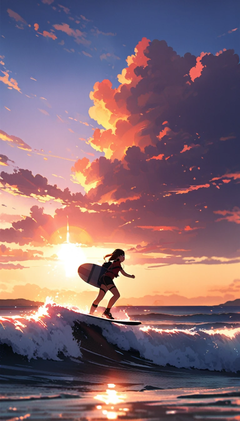(A man,Medium build),(short,Blonde Hair),(Riding Wiglet:1.1,It's like a surfboard),(through the waves),(behind the sunset).,(best quality:1.2),(Extremely detailed),(Practical:1.37),(landscape),(Bright colors),(Warm and vibrant hues),(Soft, Golden Light),(Sparkling reflections on the water)