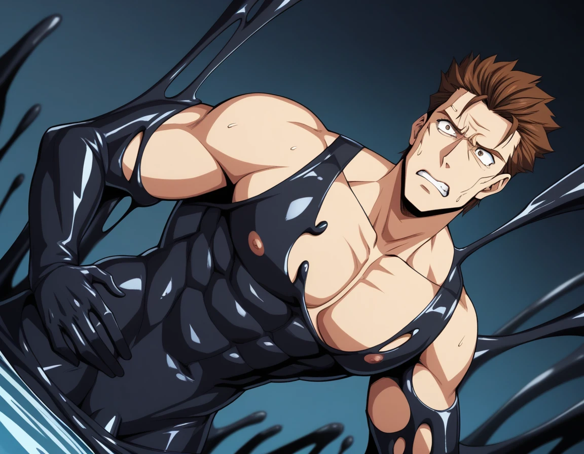 score_9, source_anime, rating_explicit, score_8_up, score_7_up, score_6_up, score_5_up, score_4_up, BREAK (black slime infest man, man transform black goo bodysuit, black dripping on body, fuse into tar pond, symbiote victim), BREAK 1man, veteran mature detective, muscular male, broad nose, wavy slicked back spiked hair, yellow_brown hair, BREAK shihaku, brown eyes, dandy, virile, stubble, square shaped, large eyes, ugly, rough skin, facial wrinkles, BREAK ideal ratio body proportions, ordinary, cute uncle, beautiful detailed eyes, broad waist, 40yo dude, languid, BREAK forced orgasm, blush, facial wrinkles, resist gel trap, moan, ecstasy, BREAK solo, precum, black goo absorption anal, leg grab, deep penetration, BREAK captured in black gel, slime sex, black goo restrained, BREAK black goo grab anatomy, black gel monster, black hell, black background, BREAK fullbody, dynamic expression, BREAK in capcom art style, in retro eroge style, 2000s, key visual, BREAK depth of field, dutch angle, cinematic shadows, cinematic lighting, texture, absurdres absolutely resolution, extreme all detailed, BREAK masterpiece, best quality