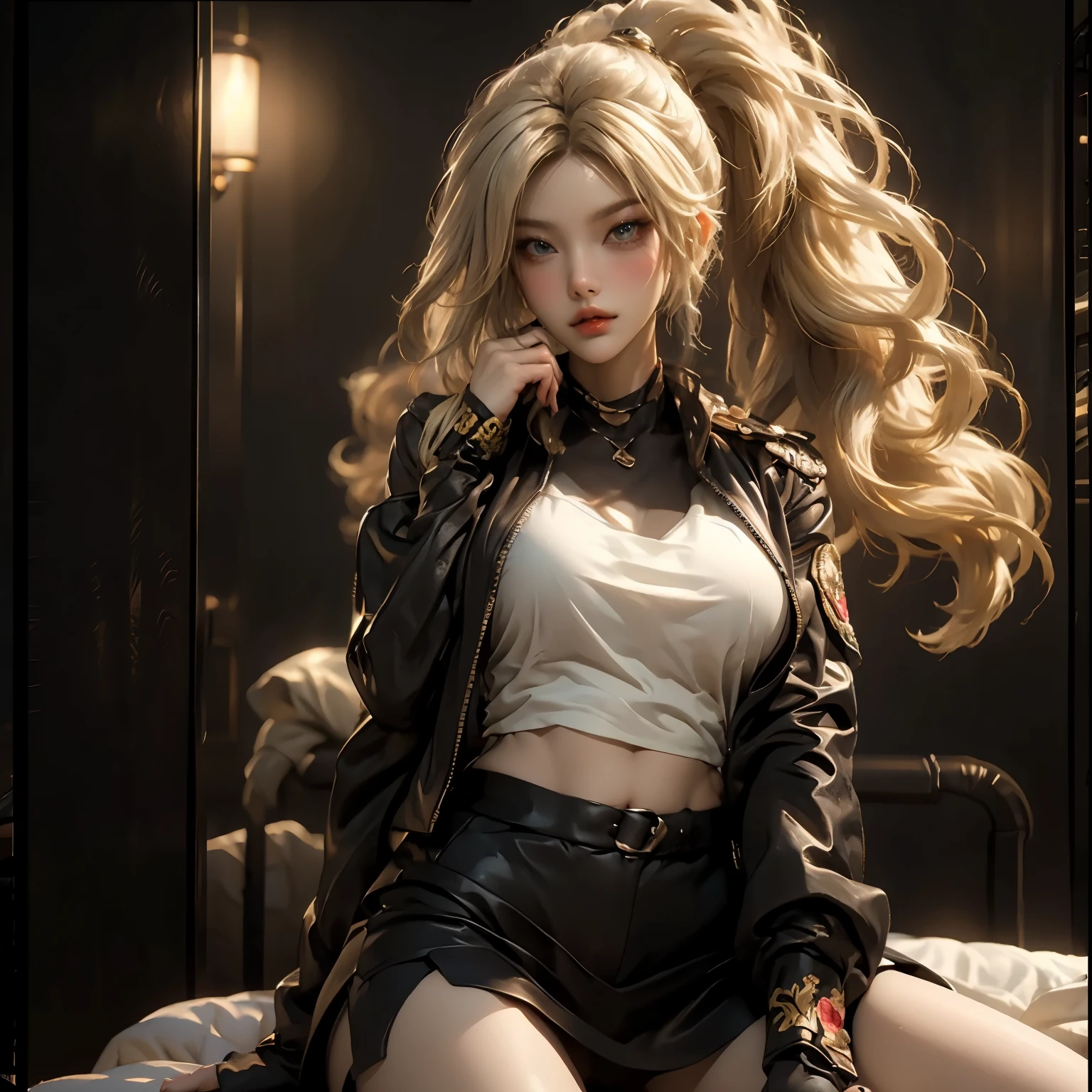 Adult female, long hair, shirt, golden eyes, vertical pupils, magic, tattoos, dragon horns, epic reality, necklace, (CG Unity 8K wallpaper with extreme detail, masterpiece, highest quality), ray tracing, reflective glow white: 1.5, textured gloss orange: 1.3, (rendering excellent enough to stand out in class), full body