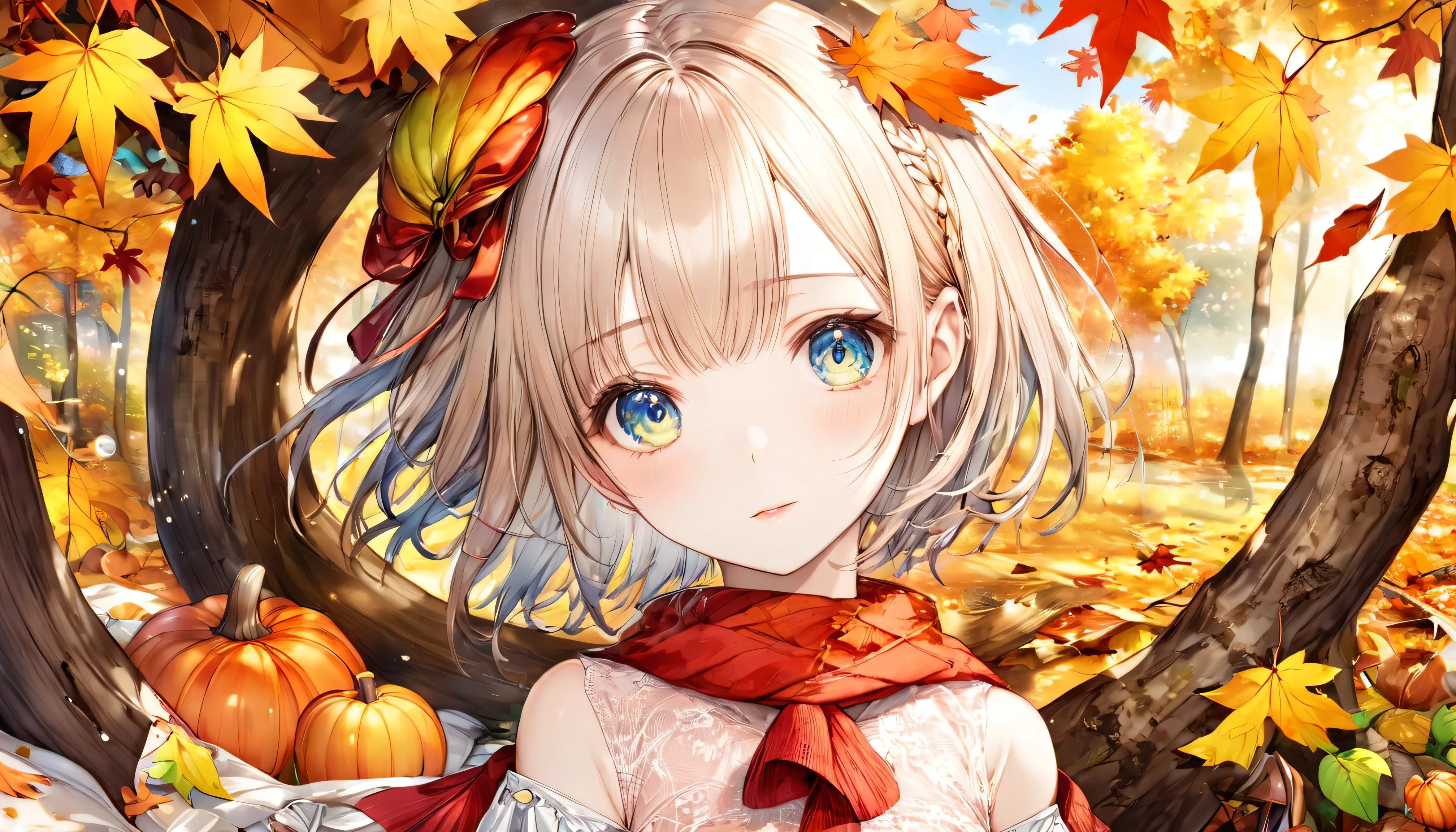 masutepiece, Best Quality, Illustration, Ultra-detailed, finely detail, hight resolution, 8K Wallpaper, Perfect dynamic composition, Beautiful detailed eyes, Women's Fashion Autumn,Medium Hair,Small breasts natural color lip,,Harajuku、20 years girl、Cute、Sexy shot looking at camera、autumnal、Wood Bright、Transparency、Sadness face、