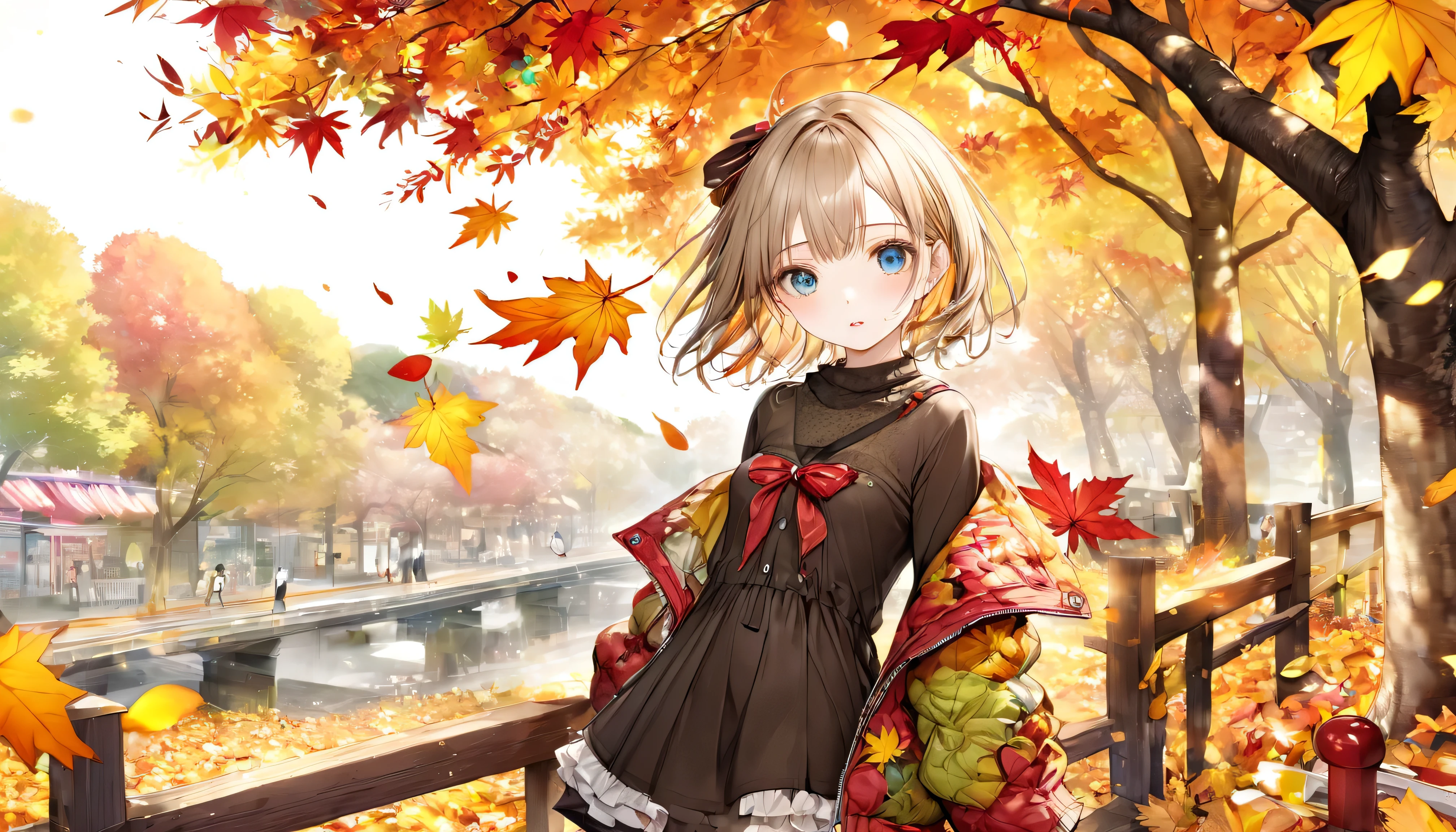 masutepiece, Best Quality, Illustration, Ultra-detailed, finely detail, hight resolution, 8K Wallpaper, Perfect dynamic composition, Beautiful detailed eyes, Women's Fashion Autumn,Medium Hair,Small breasts natural color lip,,Harajuku、20 years girl、Cute、Sexy shot looking at camera、autumnal、Wood Bright、Transparency、Sadness face、