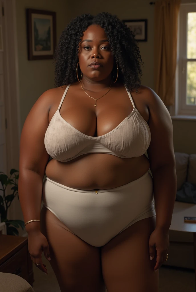 50 year old black woman, fat, big thighs, wearing white lace swimsuit with knickers and stockings, walking next to window curtain at the hotel