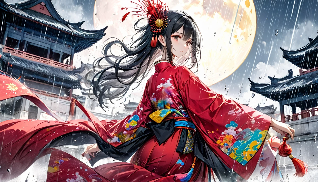 (8k, RAW photo:1.2),best quality, ultra high res,dramatic angle,(fluttered detailed color splashs), (illustration),(((1 girl))),(long hair),(rain:0.9),(hair ornament:1.4),there is an ancient palace beside the girl,chinese clothes,(focus on), color Ink wash painting,(color splashing),colorful splashing,(((colorful))),(sketch:0.8), Masterpiece,best quality, beautifully painted,highly detailed,(denoising:0.6),[splash ink],((ink refraction)), (beautiful detailed sky),moon,highly,detaild,(masterpiece, best quality, extremely detailed CG unity 8k wallpaper,masterpiece, best quality, ultra-detailed),(Lycoris radiata),