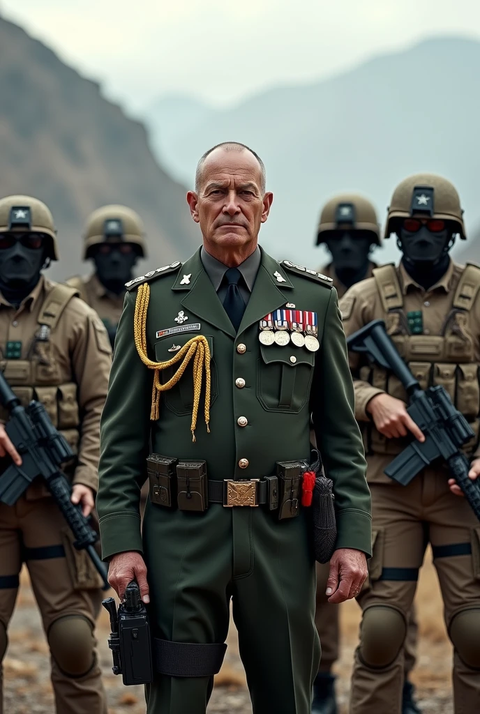"A cinematic-style portrait of a renowned Nazi Germany military figure from World War II, prominently displayed in the foreground. The figure is depicted with a commanding and resolute expression, wearing a period-accurate uniform. In the background, a dramatic battle scene with soldiers in action is visible, highlighting the scale and power of Nazi Germany's massive army that dominated Europe during the war."