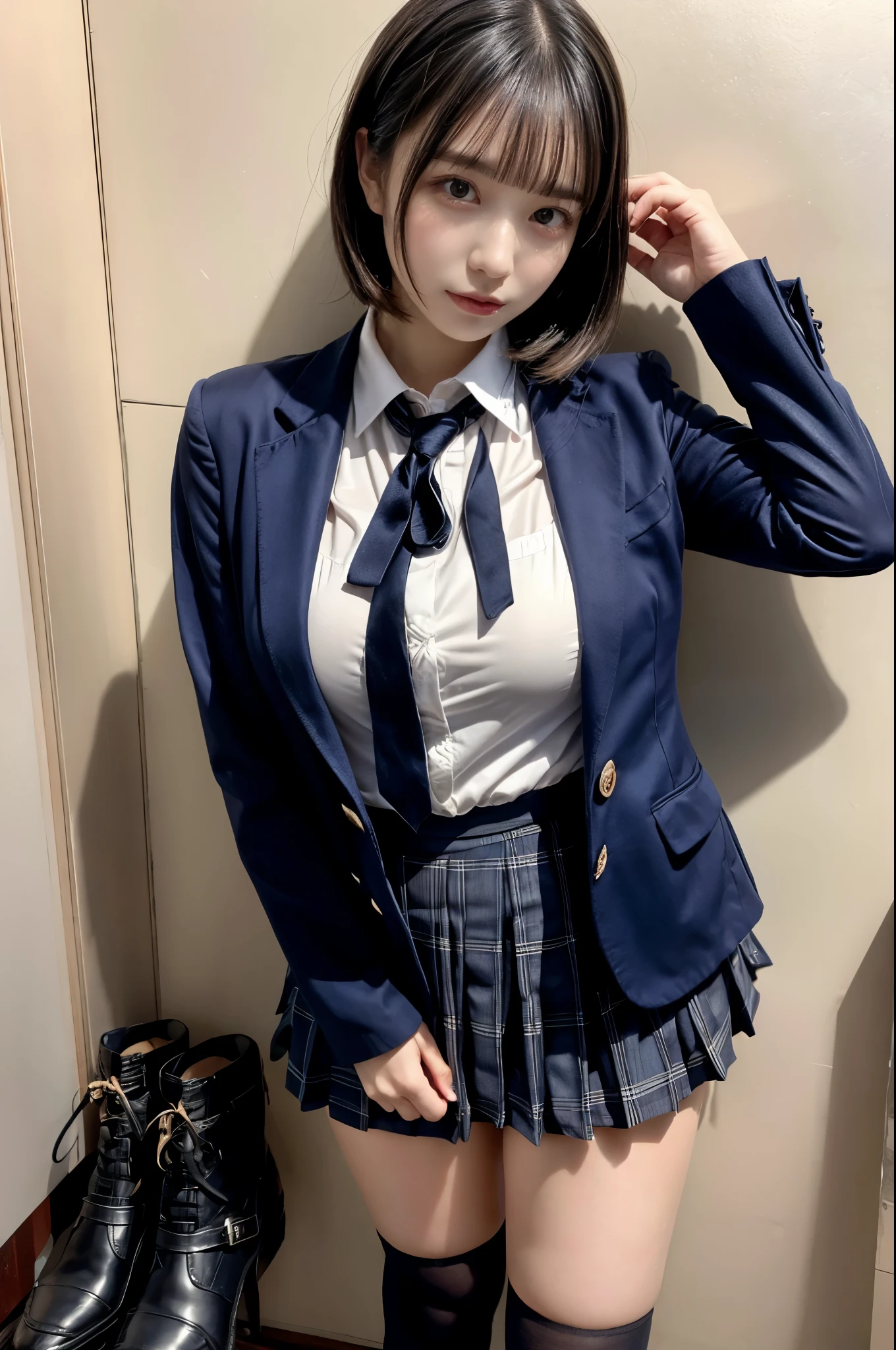 (8K, RAW Photos, Highest quality, masterpiece:1.3), (professional photography, full colors, studio-caliber color grading), (Gravure quality for high-end fashion magazines), close up, (Details High quality, realistic depiction of eyes:1.3),locker room、High school girl uniform、blazer 、Super Short Check Uniform Skirt、Navy blue high socks、garterbelts、Colossal tits、Disturbed uniform, short bob hair, black hair color, huge breasts, Big Natural Color Lip, bold sexy pose, (perfect body shape), crying a little、Harajuku style、20 year old girl、 beautiful legs, hposing Gravure Idol, Voluptuous thighs