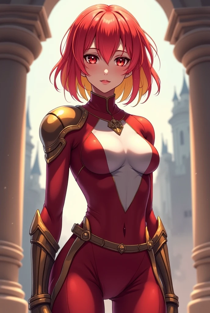 (Masterpiece, Best Quality, High Quality), facing viewer,volumetric lighting, illustration, beautiful, perfect lighting, perfect shadows,Nishikino maki , cowboy shot, (armor:1.2), short shorts, thighs, solo, (standing:0.8), purple eyes 
