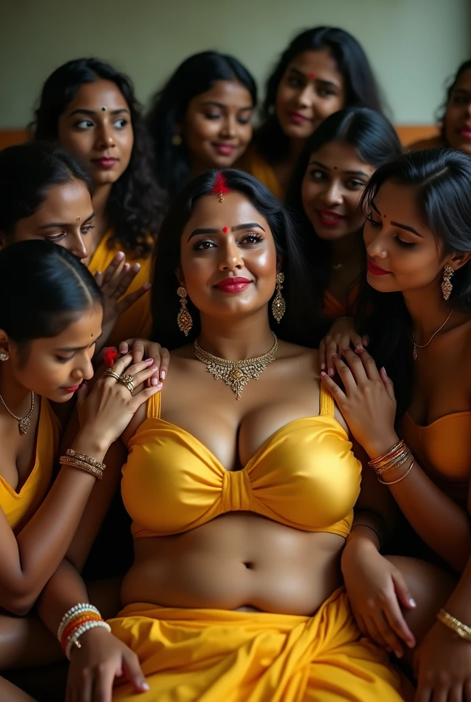 Day scene, full body photo of a plus sized 23 year old indian with a man from top view, (Masterpiece, Best Quality, High Resolution), (cum Splash on her face, cum Splash on her breasts and puzzy, Splash of cum on her vagina, cum Splash on her gown, cum Splash on her eys), Sweet 35 year old very beautiful South indian bride sitting on lap of a man (with a smile) inside a crowded party hall ( both legs spreaded to both sides) surrounded with a group of naked men, hour glass body red lips, naked, lightly makeup,ultra realistic, realistic, look at viewer (cinematic:1.3), intricate details,