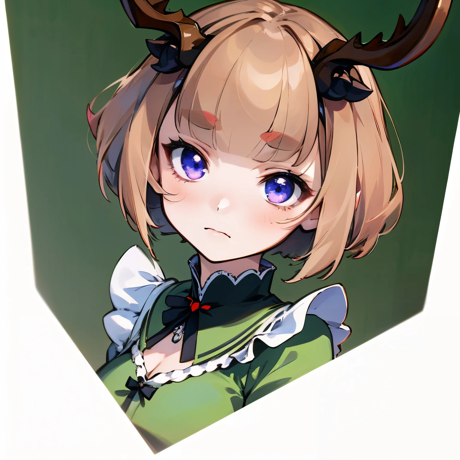 beautiful, masterpiece, best quality, extremely detailed face, perfect lighting, 1girl,deer ears, antlers, brown hair, short hair, blue rose, (roswaal mansion maid uniform:1.3), face closeup, cleavage, looking at viewer, full body