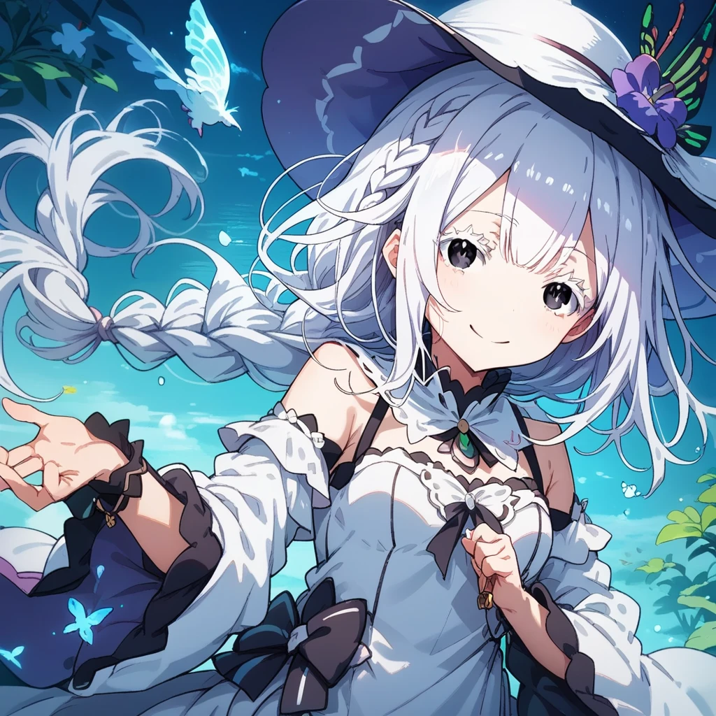 Echidna, re:zero, 1female, white hair, long hair, single braid, black eyes, white eyelashes, white dress, white hat, purple flower, smile, masterpiece 、Beautiful attention to detail:1.2, Perfect lighting, (perfect hand, perfect anatomy), Precise depiction、Vibrant colors, 手を差し伸べる