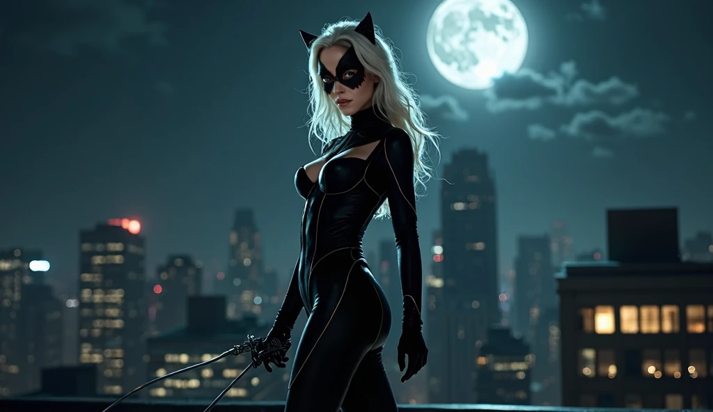 (​masterpiece、4K resolution、A hyper-realistic、ighly detailed)、(Black Superheroes theme、Charisma、There is a girl in a Catwoman costume above the town、She's a superhero)、 [((25-years old)、(Long grey hair:1.2)、full body Esbian、(blue eyess:1.2)、((Catwoman Pose)、show of strength、Jump from one building to another)、((Sandy urban environment):0.8)|(A city scape、natta、Dinamic Light)、(fullmoon)]#illustrate:Prompts are mainly ultra high definition、very real、Describes highly detailed 4K paintings。A superheroine in a Catwoman costume is depicted at the top of the city。The photo theme is a black superhero theme。