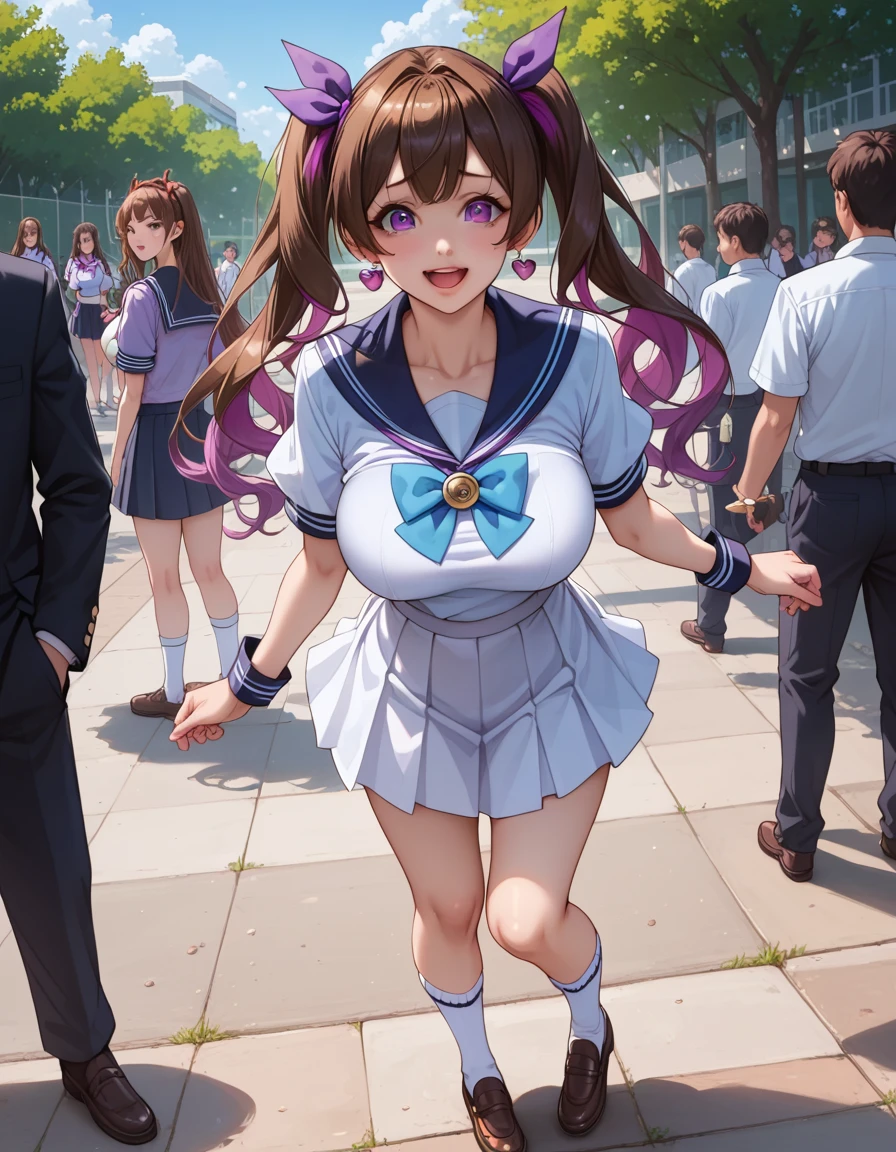 masterpiece, Highest quality, Nico_Yazawa,High resolution, 1 Girl, alone, Brown Hair, short hair, Twin tails、Purple eyes, , , (Cleavage)、(Beautiful thighs), Carrying a red backpack, (randoseru backpack:1.2) Sweaty、Thick thighs、Highest quality、4K、1girl, 8years old, , cute, grin, 、、on the train、、、Thick thighs、Men holding their penises and surrounding girls、Semen from the penis、Bukkake、Bukkake、(Bukkake)projectile cum、Blowjob、Lots of spectators、Ahegao、low length、Sportswear