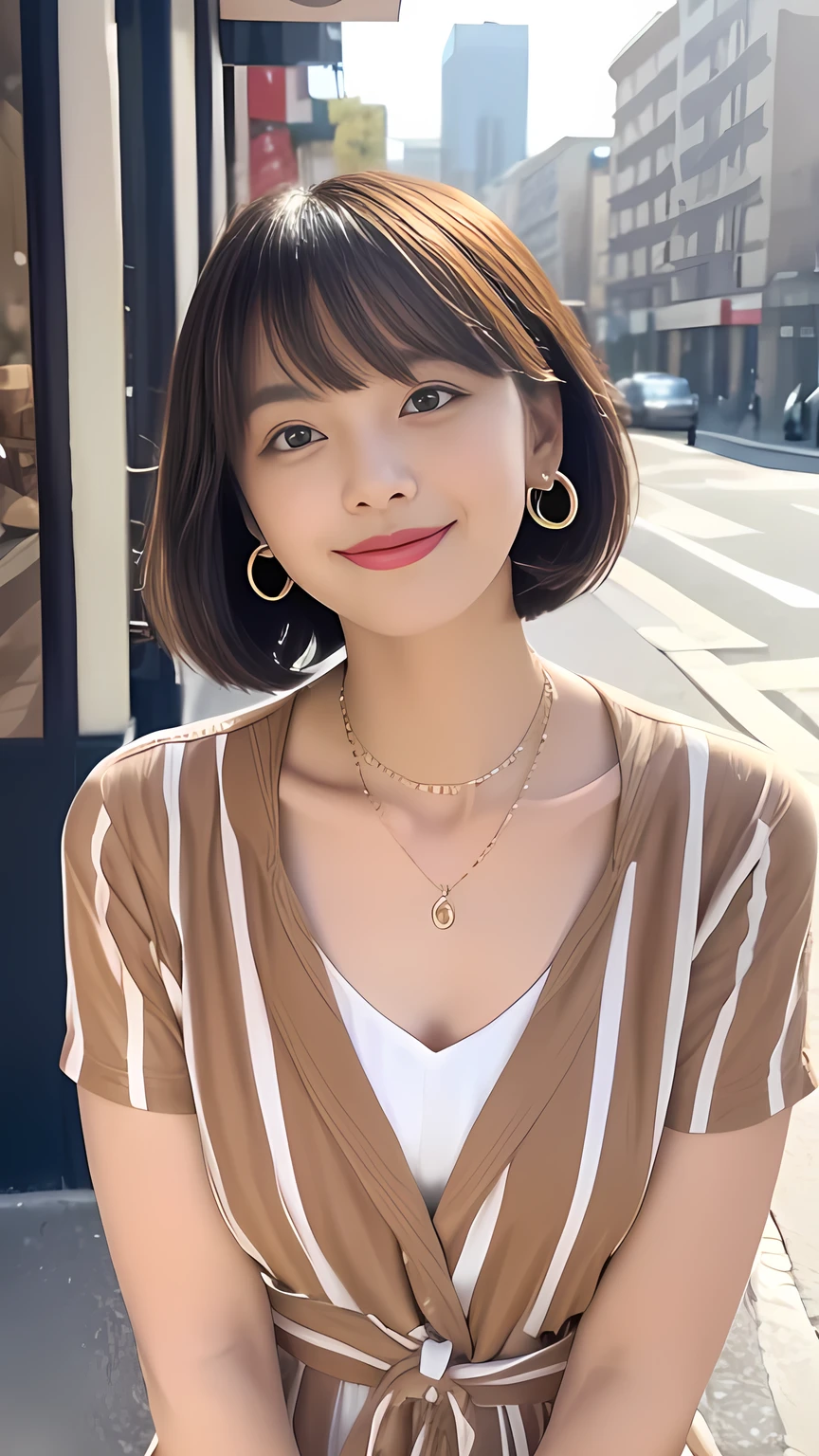 Tabletop, highest quality, figure, Very detailed, In detail, High resolution, 8k wallpaper, Perfect dynamic composition, Beautiful fine details, dress,Medium Hair, Center of chest, Natural color lip, Random sexy poses,smile,Aoyama Street Walk、20-year-old girl、Shoulderless knit(Shui Color)、Slid、Choker with chain、I keep my hair tied